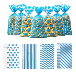 lot 12097 image: Blue Cellophane Treat Bags, 100 Pack 10.6 x 5.1 Inch Polka Dot Stripes Printed Plastic Candy Goodie Gift Bags with Twist Ties for Graduation Birthday Baby Shower Weddings Holiday Party Favor Supplies
