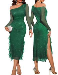 lot 12139 image: DRESSTELLS Women��s Cocktail Formal Wedding Guest Sparkly Sequin Mesh One Shoulder Ruched Sexy Bodycon Evening Party Modest Prom Gala Dresses DarkGreen M