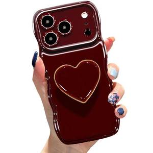 lot 12141 image: Cute Case for iPhone 17 Pro Max 6.9, Wine Red Soft TPU Shape Shockproof Protective Cover with Stand, Luxury Bumper Wave Frame Curly Shape Love Heart Holder Kickstand Phone Case for Girls Women