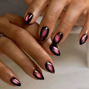 lot 12147 image: KQueenest Cat Eye Press On Nails Almond - Pink to Black Press On Nails Short Length, Glitter Chrome Fake Nails with Nail Glue, Reusable Cute Dark Gel Glue On Nails with Color-Shifting Glow, 30 Pcs