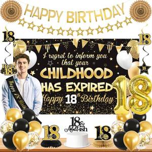 lot 12150 image: Roetyce 18th Birthday Decorations Boys Girls, Black Gold Happy 18th Birthday Banner Sash Balloons Centerpieces Cake Topper, Childhood Has Expired 18 Years Old Party Supplies Photo Backdrop Background