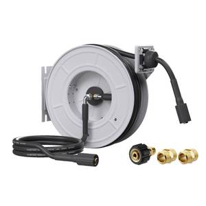 lot 13352 image: Giraffe Tools Pressure Washer Hose Reel with 65ft Replaceable Hose, Power Washer Retractable Hose Reel, Heavy Duty, WallFloor Mounted, 3200 PSI