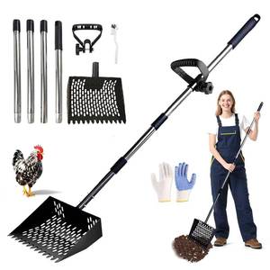 lot 13355 image: Chicken Poop Scooper and Rake 2-in-1, Metal Chicken Coop Scoop - 32 to 62 Adjustable Handle Sand Sifting Shovel Cleaning for Chicken Coops Animal Pens, Reinforced Joint