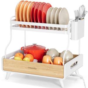 lot 13361 image: Urackify 2-Tier Dish Drying Rack, Large Stainless Steel & Bamboo Dish Rack for Kitchen Counter, Dish Drainers with Adjustable Automatic Spout, Drying Rack Kitchen with Utensil Holder, White
