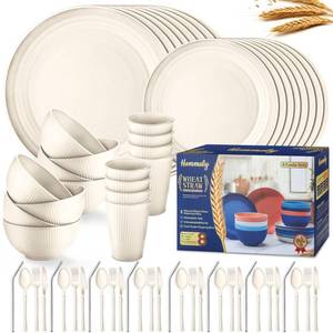 lot 13363 image: Wheat Straw Dinnerware Sets,64-Piece Plates and Bowls Sets for 8-Unbreakable,Reusable Plastic Dish Set-Dinner PlateDessert PlateCereal BowlCupUtensils-Microwave Dishwasher Safe 64P-Oecan Resort