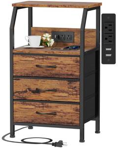 lot 13379 image: Furnulem Night Stand with Charging Station, USB Ports and Outlets, 28.3 Inch Tall Bedside Table with Wood Shelf, 3 Fabric Drawers Side Table for Bedroom, 3 Ways to Use, Rustic Brown