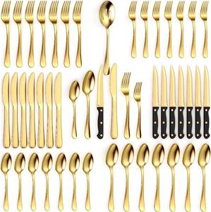 lot 14054 image: Tribal Cooking 49 Piece Gold Silverware Set - Service for 8 - Stainless Steel Gold Flatware serving set - Cutlery Set - Knives, Fork, and Spoon - Dishwasher Safe - Stunning Polished Finish