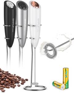 lot 14055 image: SIMPLETASTE Milk Frother Handheld Electric Foam Maker, Drink Mixer with Stainless Steel Whisk for Cappuccino, Bulletproof Coffee, Latte, White, with Stand, Battery Operated