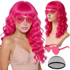 lot 14091 image: rookea Hot Pink Wave Wig for Women with Heart Sunglasses, Neon Long Curly Wavy Wigs with Hair Cap Colorful Big Wavy Curls Funny Hair for Cosplay Birthday Bachelor Party Halloween Christmas Costume