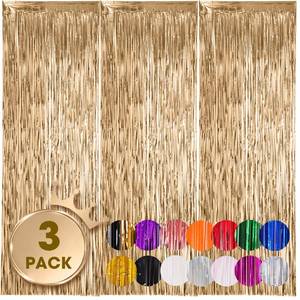 lot 14094 image: Voircoloria 3 Pack 3.3x8.2 Feet Champagne Foil Fringe Backdrop Curtains, Tinsel Streamers Birthday Party Decorations, Fringe Backdrop for Graduation, Baby Shower, Gender Reveal, Disco Party