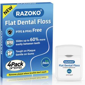 lot 14103 image: RAZOKO Flat Dental Floss, PFAS & PTFE Free, Shred Resistant, Kid-Friendly Gentle on Gums, Ultra-Smooth for Deep Cleaning, Mint, 4 Spools (220 Yd Total)