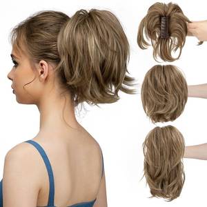 lot 14104 image: CJL HAIR Claw Clip Short Ponytail Hair Extensions Bendable Metals Messy Bun Hair piece Wavy Curly Fake Hairpieces BrunetteAsh Blonde