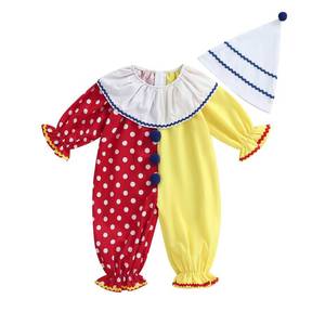 lot 14111 image: Aiwpstoin Toddler Baby Clown Costume Boy Girl Funny Halloween Outfit Contrast Color Long Sleeve Jumpsuit with Hat (Red, 3-4T)
