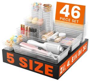 lot 14129 image: A-LuGei ��46PCS & 5Sizes Clear Drawer Organizer,��Hold 277 Items�� Makeup Organizer, Bathroom Organizers and Storage, Organization and Storage, Organizer Bins for Office Vanity Kitchen Tool Trays