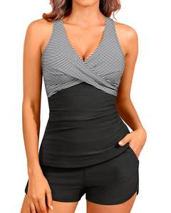 lot 14131 image: Women Black Stripe Tankini Swimsuits with Shorts - Two Piece Tummy Control Bathing Suits Top with Two Pockets Bottom Swimwear L