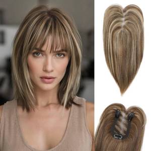 lot 14135 image: HOOJIH Hair Topper for Women with Thinning Hair 4x2.5inch Base Real Human Hair Topper with Bangs Handmade Invisiable Lace Front Topper - Medium Brown with Blonde Highlights