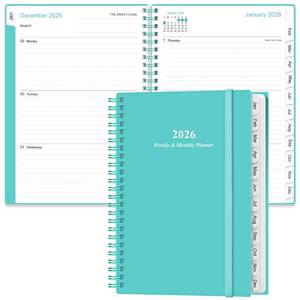lot 14136 image: 2026 Planner - A5 Weekly & Monthly Planner Spiral Bound, January 2026 - December 2026, with Flexible Cover, Tabs, Inner Pocket, 6.4 x 8.5, Teal