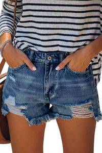 lot 14140 image: Angerella Stretchy Jean Shorts for Women Trendy Lightweight Mid Rise Distressed Frayed Hem Denim Shorts Blue M