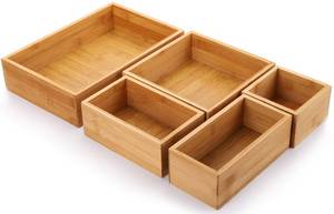 lot 15334 image: Lawei Set of 5 Bamboo Drawer Organizer Boxes, Desk Storage Box Kit, Drawer Storage Containers Tray Bins for Office, Kitchen, Bedroom, Children Room, Craft, Sewing