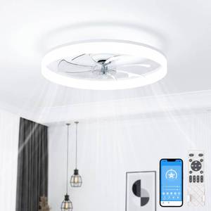 lot 15371 image: VOLISUN Low Profile Ceiling Fans with Lights and Remote, 24in Fandelier Ceiling Fan with Light, 3000K-6500K Dimmable Bladeless LED Fan Light, White Flush Mount Ceiling Fans with Lights for Bedroom