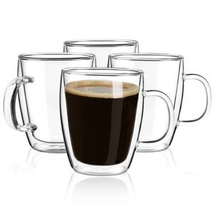 lot 15373 image: YUNCANG Double Wall Coffee Mugs, (4-Pcak) 16 Ounces-Clear Glass Cups with Handle,lnsulated,Cappuccino,Tea,Latte Cups,Beverage Glasses Heat Resistant
