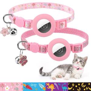 lot 16019 image: PUPTECK Airtag Cat Collar Breakaway 2 Pack with Bells, Reflective Kitten Collar with Air Tag Holder for Boy Girl Kitty and Puppies, Soft, Pink