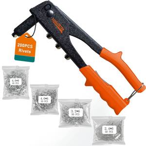 lot 16034 image: Meiwaltee Rivet Gun,Professional Pop Rivet Gun Kit with 200Pcs Rivets, 332-18-532-316, Heavy Hand Riveter kit Suitable for Metal Work, Gutter, Automotive and Other Common DIY Projects