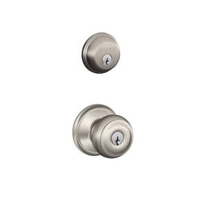 lot 16037 image: SCHLAGE Satin Nickel FB50N V GEO 619 B60 Single Cylinder Deadbolt and F51 Entry Georgian Knob Keyed Alike, Finish, Security Set