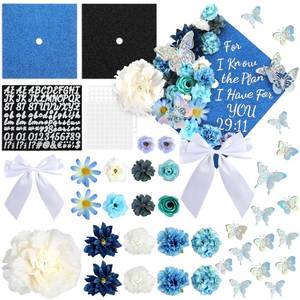 lot 16063 image: Naozinebi 55 Pcs Blue DIY Graduation Cap Decorations Faux Assorted Flowers blue Bows 3D Butterfly Stickers Glitter Alphabet Letter Number Decals for DIY Hat Grad Cap Topper Graduation Party Supplies