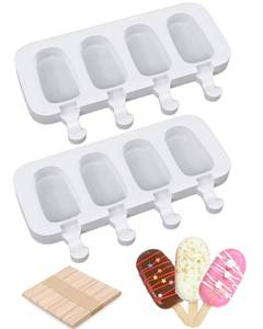 lot 16069 image: Ouddy Life Popsicle Molds Set of 2, Ice Pop Molds Silicone 4 Cavities Ice Cream Oval Cake Pop Mold with 50 Wooden Sticks for DIY Popsicle, Clear