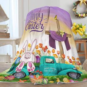 lot 18260 image: Hexagram Easter Blanket, Easter Decor, Bunny Truck Flannel Throw Blanket 50x60 Inch, Farmhouse Decorations for Home
