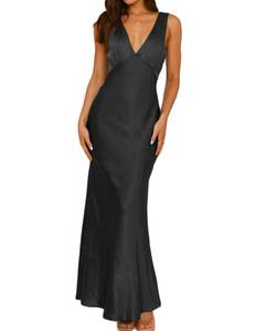 lot 18380 image: Gmeitoey Summer Satin Formal V Neck Backless Sleeveless Maxi Dress for Women 2026 Elegant Cocktail Wedding Guest Long Dresses Black L