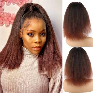 lot 18385 image: LEOSA Kinky Straight Ponytail Extension 14 inch Drawstring Ponytails for Black Women Short Ombre Burgundy Yaki Drawstring Ponytail Hair Extensions Clip on Natural Hair Ponytail (14 Inch, 1B-33#)