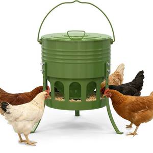 lot 19135 image: Metal Chicken Feeder No Waste, 20 Lbs Large Automatic Chicken Feeder with 12 Ports, Adjustable Height Poultry Feeder with Lid & Handle, Rat Proof Rust Proof Feed Box for Poultry & Backyard Chickens