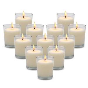 lot 19140 image: Set of 12 White Votive Candles Clear Glass Filled Unscented Soy Wax Candle for Home D�cor Spa Weddings Birthday Holidays Party and DIY