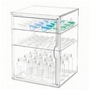 lot 19156 image: Baby Bottle Organizer, 3 Tiers Acrylic Bottle Storage Organizer Container, Clear Plastic Bottle Station Organizer Mom Gifts with 2 Adjustable Dividers for Kitchen Countertop, Bathroom, Cabinet, Vanity
