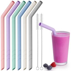 lot 20418 image: NiHome 6PCS Extra Wide Reusable Bent Silicone Straws for Boba, Smoothies, Bubble Tea, Eco-Friendly Bent Straws for Thick Drinks, Child-Safe, Customizable Length, 2 Brushes Easy Cleaning (Macaron) (4 ONLY)