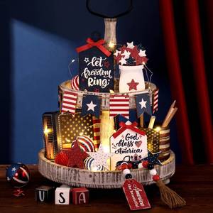 lot 20443 image: FoldTier 18 Pcs 4th of July Tiered Tray Decor Set Rustic Patriotic Independence Day Decoration Glow Vintage Farmhouse 4th of July Tiered Tray Sign Wooden Red White Blue Decor for Table(Patriotic)