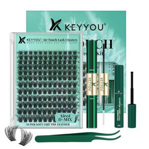 lot 20452 image: KEYYOU Lash Extension Kit 144pcs Air Touch Lash Clusters with Bond and Seal Lash Applicator Remover D Curl DIY Eyelash Extension Kit Easy to Apply at Home(Air01Kit-D-8-18Mix)(Missing Few Pieces)