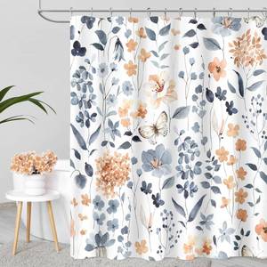 lot 20455 image: MAYZUS Blue Floral Shower Curtain, Cute Flower Fabric Shower Curtains for Bathroom, Watercolor Wildflower Butterfly Cloth Shower Curtain Set with Hooks, 72x72