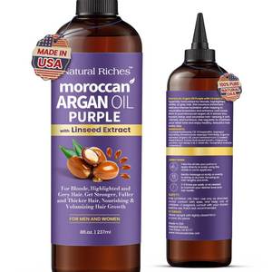 lot 20466 image: Natural Riches Purple Moroccan Argan Oil for Hair with Linseed Extract, Anti-Brass Formula for Blonde, Silver, Platinum & Grey Hair Neutralize Yellow Tone, Smooths Frizz & Restore Shine 8 fl oz