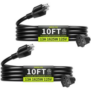 lot 20476 image: 10 FT (2Pack) 13A 1625W 163 Black Extension Cord, Indoor Extension Cord for Laptops, Coffee Makers, Office Home Appliances, 3 Prong Resistant Cable Flexible, 125V ETL Listed (1 PACK)