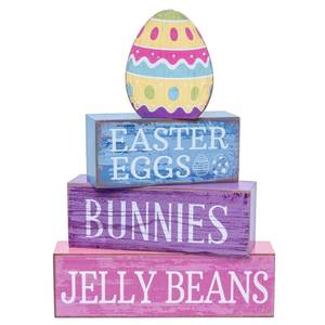 lot 20488 image: MORTICIA 4 Piece Easter Table Decoration Wooden Blocks with Colorful Egg, Pastel Farmhouse Centerpiece for Home Kitchen Party, Easter Eggs Bunnies Jelly Beans Signs