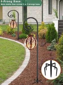 lot 1636 image: Black garden poles to hang a lanterns bird feeders hanging plants wind chimes etc two-piece