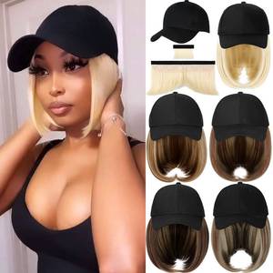lot 4020 image: Qlenkay Baseball Cap with Hair Extensions Straight Short Bob Hairstyle Adjustable Removable Wig Hat 14inch for Woman Medium Blonde Mix Ash Blonde