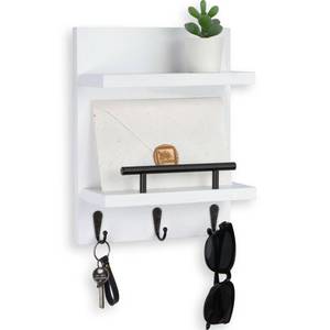 lot 4027 image: Lucundm Key Holder Wall Mount, Mail Shelf Decor with 3 Key Hooks, Versatile Wood Wall Organizer for Entryway Hallway (8.2in x 10.6inx 3.6in) (White)
