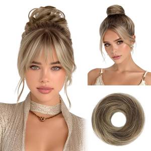 lot 4042 image: RUWISS Small Messy Bun Hair Piece Human Hair, One Hairpiece Two Styles Mini Natural Looking Scrunchies Updo for Daily, Hair Buns for Thin and Fine Hair Women Ponytail Extension (Brown Mixed Light Blond)