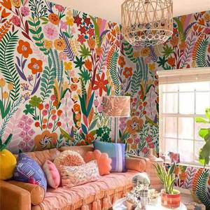lot 4045 image: Flortlias Floral Peel and Stick Wall Mural, Leather Textured Vintage Self-Adhesive Wallpaper for Bedroom Living Room Accent Wall Art Decor, Colorful Floral, Bright