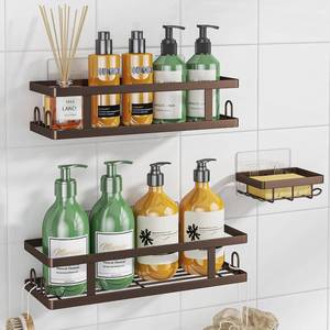 lot 4390 image: Youvip Adhesive Shower Caddy,Shower Shelves with Soap Holder and 12 Hooks,Rustproof No Drilling Bathroom Organizer and Storage,Bronze,3 Pack