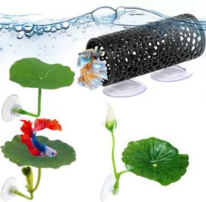 lot 4395 image: 4 Pcs Betta Hammock, Betta Fish Tank Accessories, Betta Fish Hammock with Lotus Decor, Aquarium Decor Set for Betta Fish, Small and Shrimp, Includes Black Tunnel and 3 Lotus Decorations for Play
